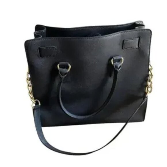 AUTHENTIC Michael Kors Hamilton Black Leather Gold Satchel Crossbody Tote Bag - Picture 2 of 10